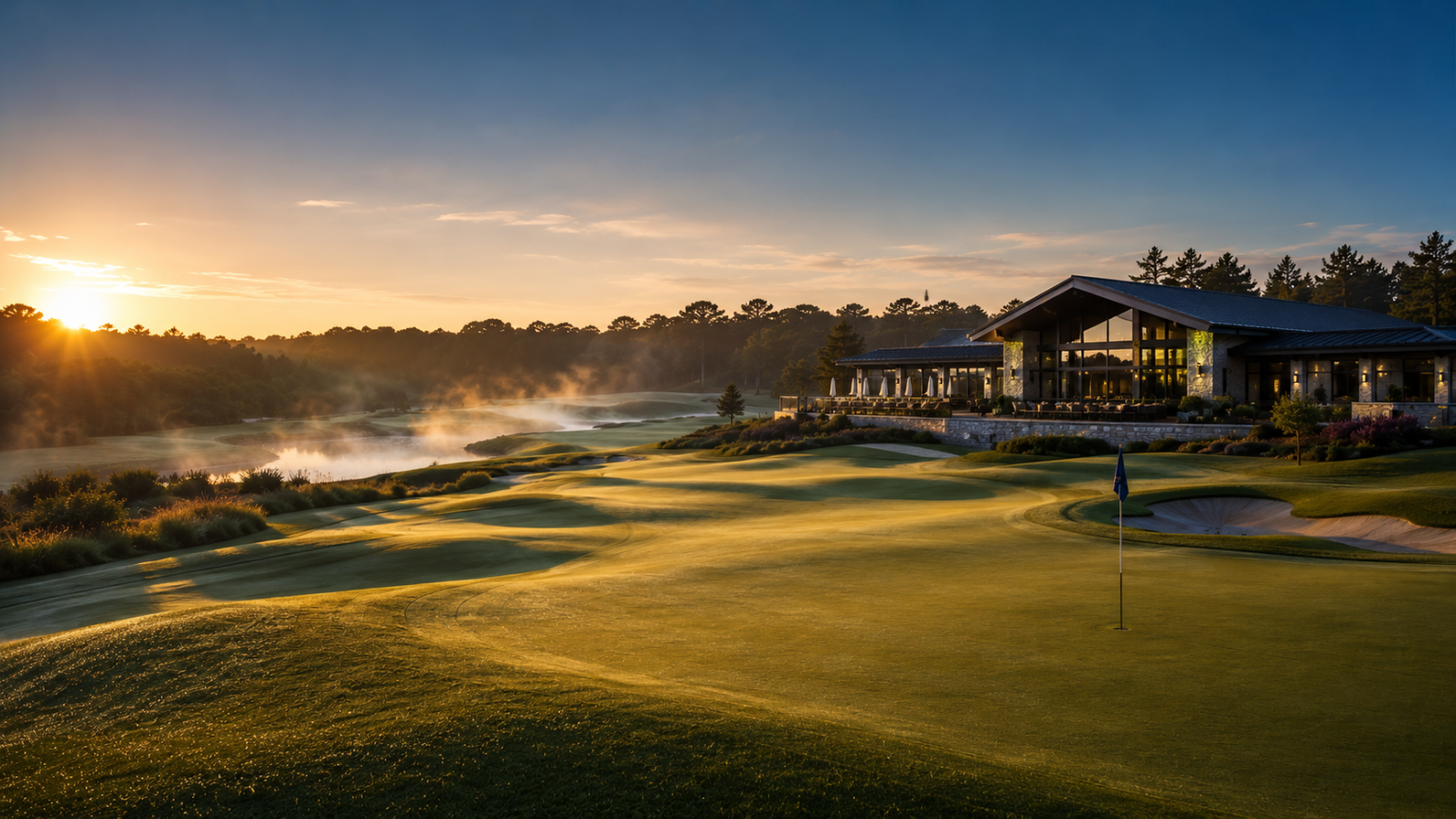 Championship golf course fairway at dawn with morning mist, golden light and a luxury wellness clubhouse against a deep navy sky