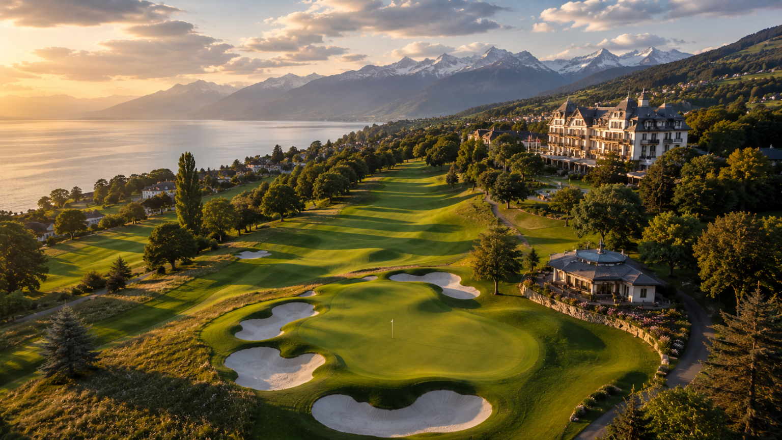 Evian Resort Golf Club (#26 in the World) Evian Resort Golf Club above Lake Geneva in France, with manicured fairways and views towards the Alps
