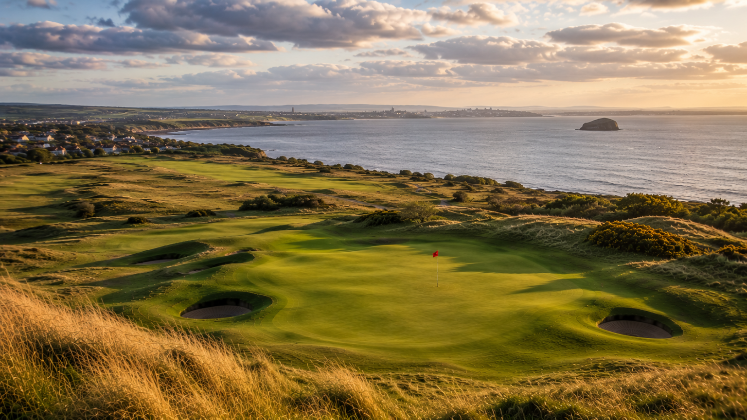 Gullane Golf Club on Scotland's East Lothian coast, with classic links fairways overlooking the Firth of Forth