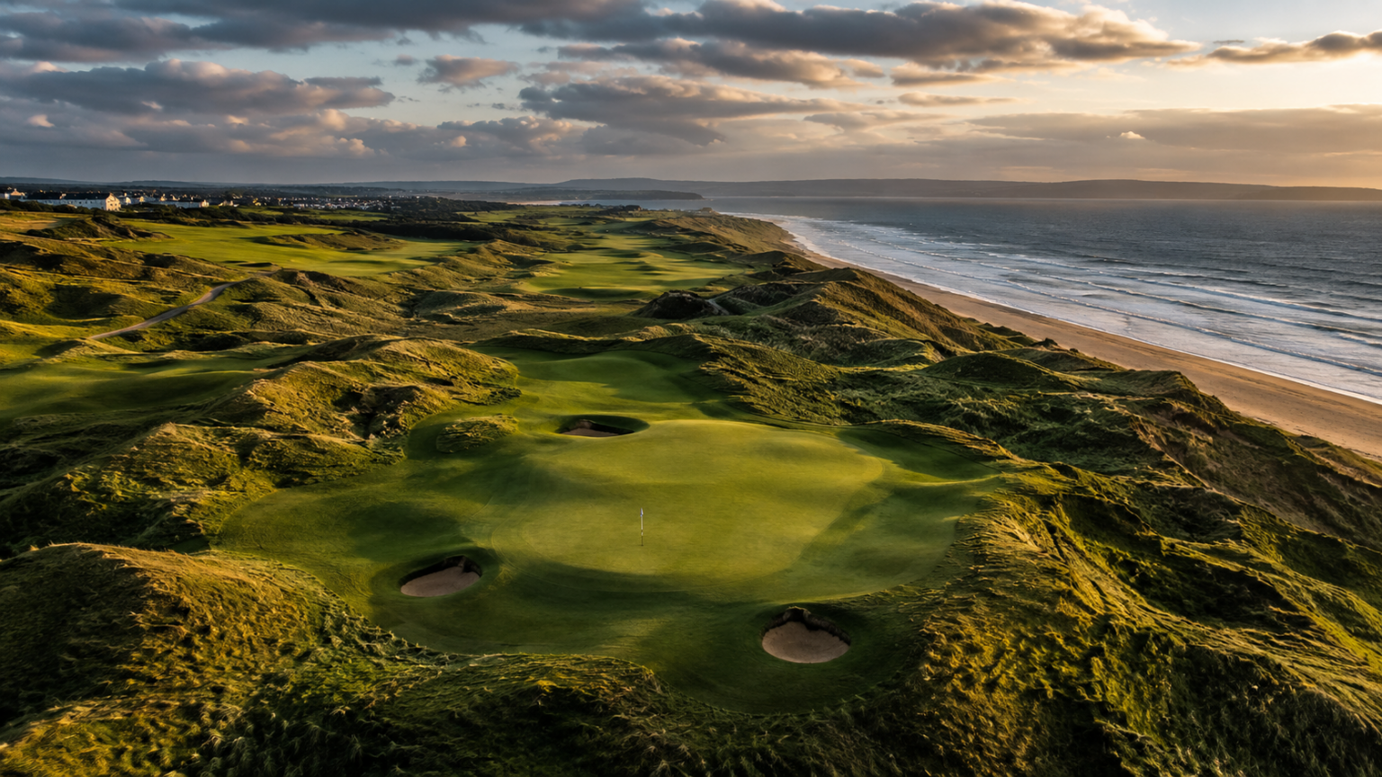 Royal Portrush Golf Club's Dunluce Course on Northern Ireland's Antrim coast, with dramatic links holes overlooking the Atlantic Ocean