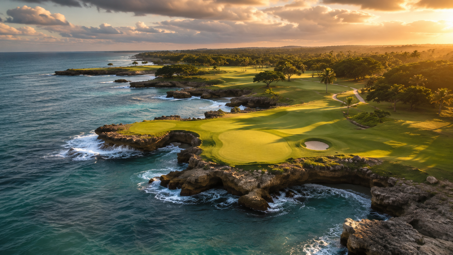 Teeth of the Dog at Casa de Campo — Course Guide A second view of Teeth of the Dog at Casa de Campo, showing a Caribbean coastal golf hole beside turquoise water and rugged shoreline