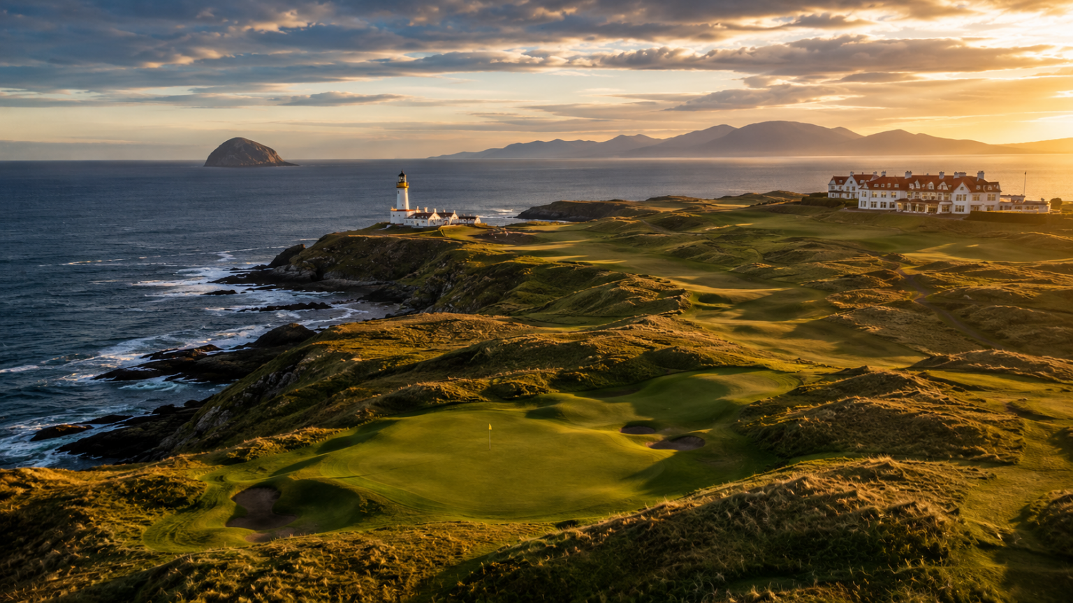 The Ailsa Course at Trump Turnberry on Scotland's Ayrshire coast, with links fairways overlooking the Firth of Clyde and iconic lighthouse