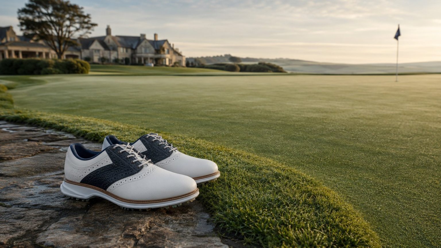 Best Golf Shoes 2026 — Spiked, Spikeless & Waterproof Reviewed for British Conditions Premium spiked golf shoes beside a putting green on a British golf course
