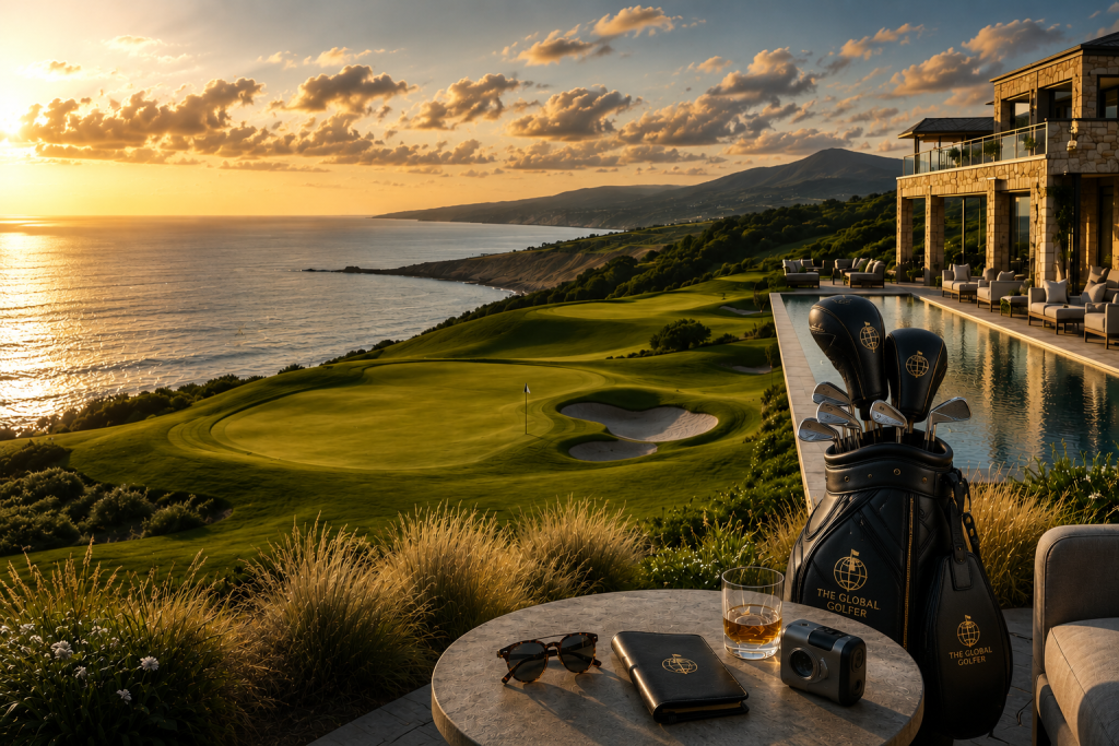 Luxury golf, travel and wellness scene for The Global Golfer’s Beyond the Green editorial platform, combining championship golf with premium recovery and lifestyle experiences