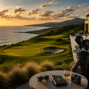 Luxury golf, travel and wellness scene for The Global Golfer’s Beyond the Green editorial platform, combining championship golf with premium recovery and lifestyle experiences