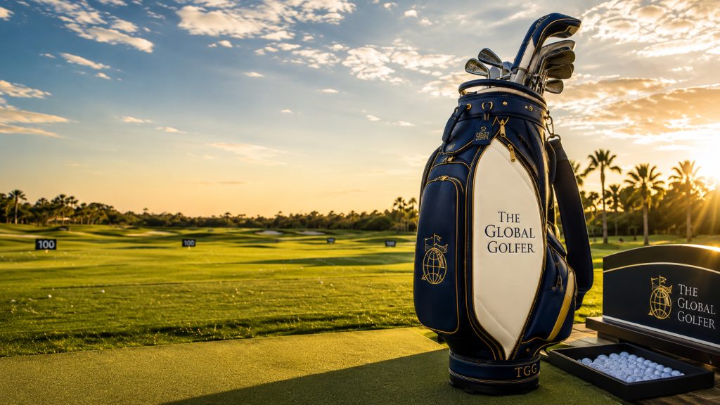 The Global Golfer branded golf bag at a bright outdoor driving range