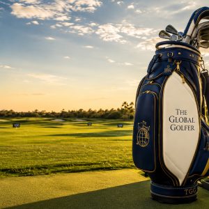 The Global Golfer branded golf bag at a bright outdoor driving range