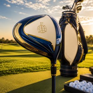 Premium navy, cream and gold golf driver with The Global Golfer styling at golden hour