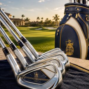 Premium polished golf irons in a navy, cream and gold The Global Golfer visual style