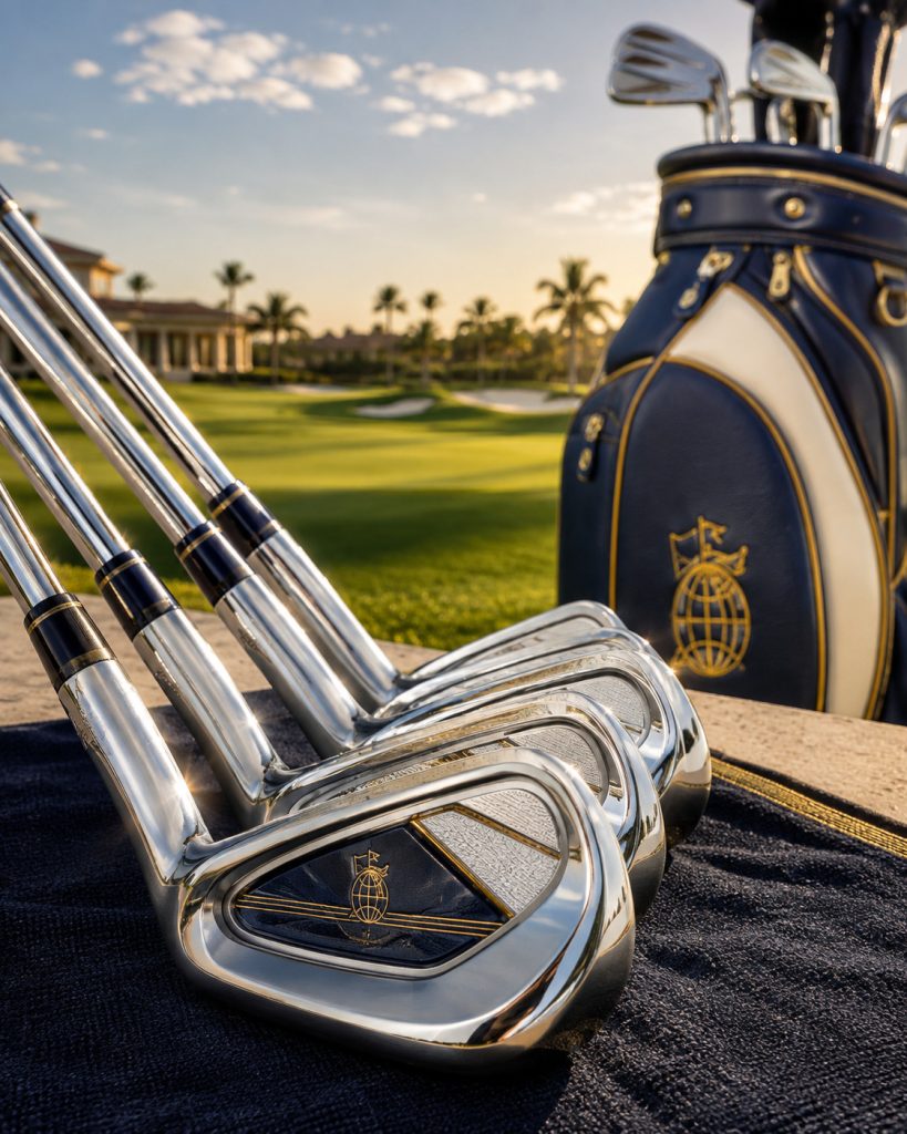 Premium polished golf irons in a navy, cream and gold The Global Golfer visual style