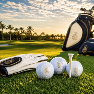 Premium golf balls, glove and tee on immaculate turf in The Global Golfer navy, cream and gold styling