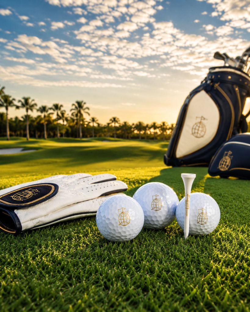 Premium golf balls, glove and tee on immaculate turf in The Global Golfer navy, cream and gold styling
