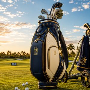 Premium navy, cream and gold golf bag on a bright golf course in The Global Golfer style