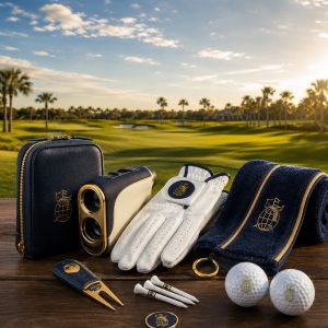 Premium golf rangefinder, glove, towel, tees and accessories in The Global Golfer navy, cream and gold styling