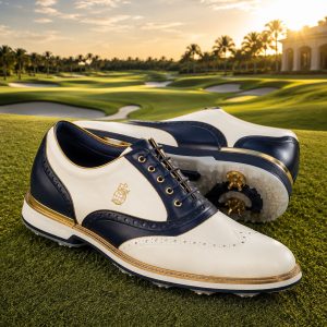 Premium navy, cream and gold golf shoes on a bright golf course in The Global Golfer style