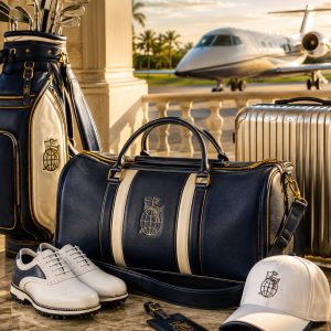 Premium golf travel bag, golf equipment and luggage in The Global Golfer navy, cream and gold styling
