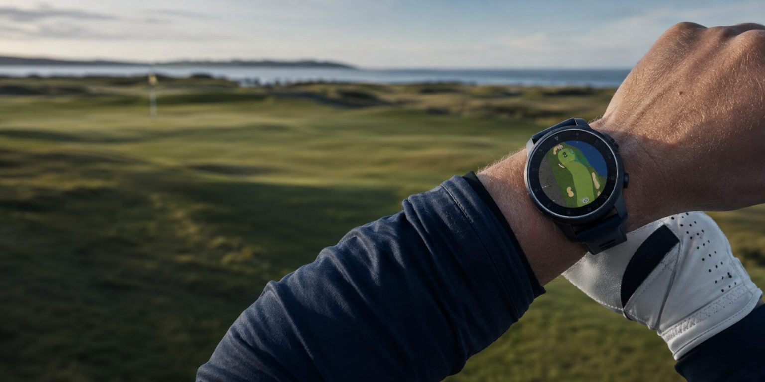 Best Golf GPS Watches 2026 — Garmin, Shot Scope & Bushnell Compared Golfer consulting a premium GPS watch with course mapping on a coastal golf course
