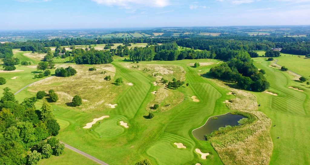 Aerial view of Bowood PGA Golf Course in Wiltshire with fairways, greens and bunkers