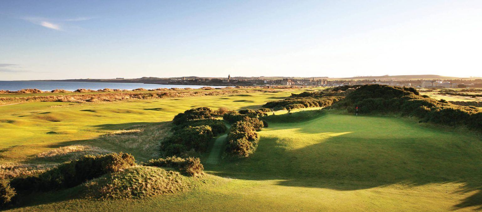 St Andrews Jubilee Course links with gorse, fairways and the town beyond